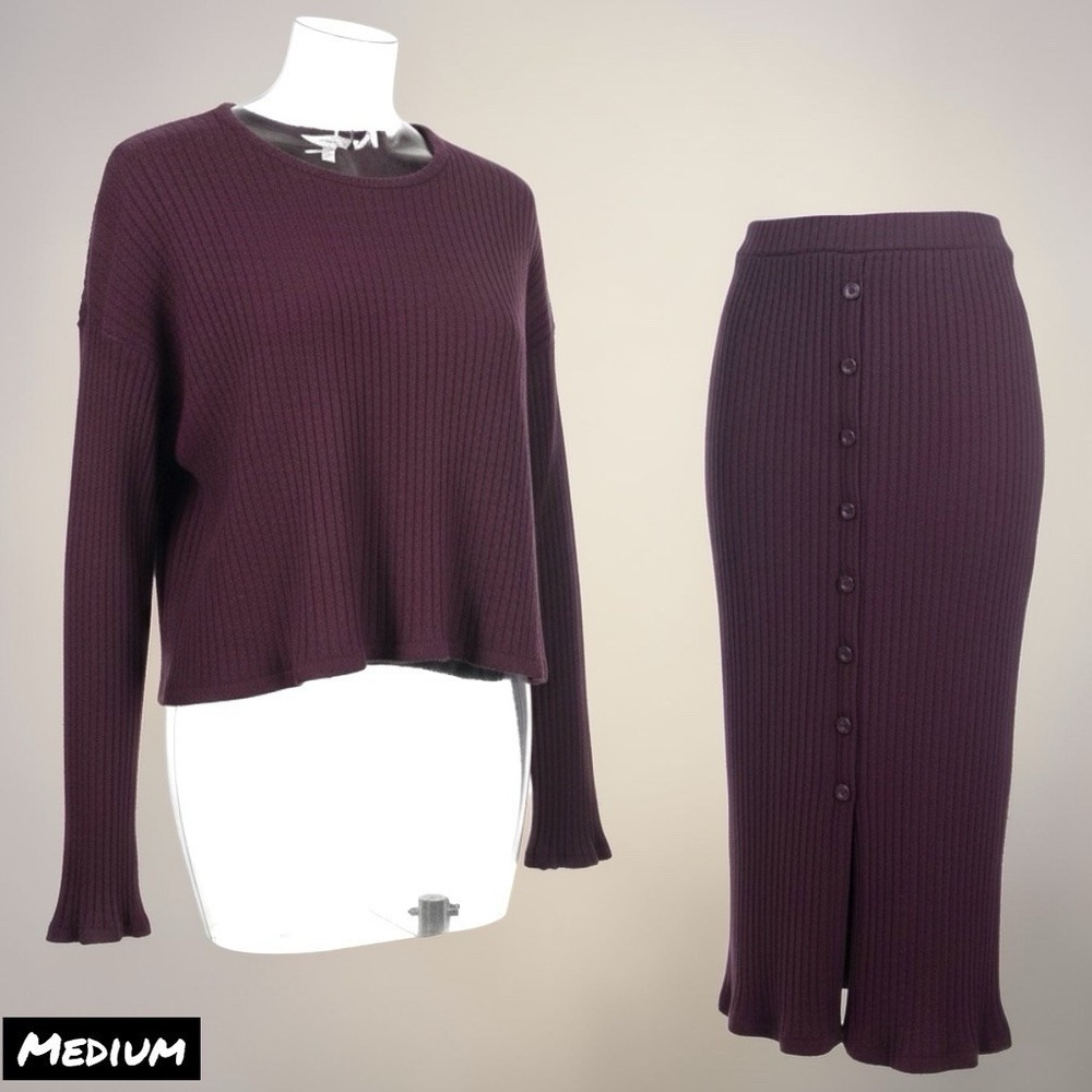 Time and Tru Ribbed Knit 2 Pc Set Women MED Burgundy Crop Sweater Midi‎ Skirt